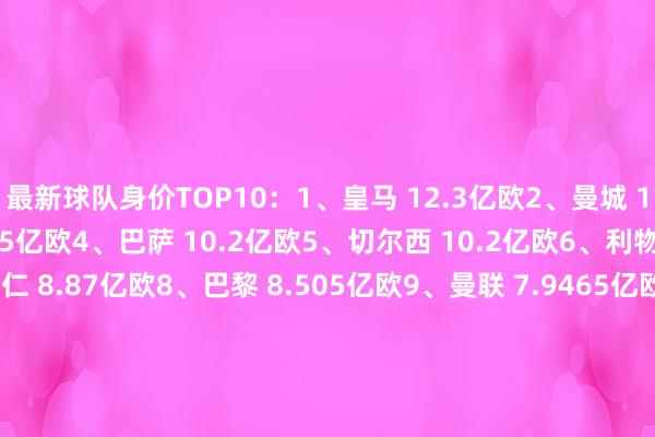 最新球队身价TOP10：1、皇马 12.3亿欧2、曼城 11.9亿欧3、阿森纳 11.5亿欧4、巴萨 10.2亿欧5、切尔西 10.2亿欧6、利物浦 9.67亿欧7、拜仁 8.87亿欧8、巴黎 8.505亿欧9、曼联 7.9465亿欧10、热刺 7.803亿欧11、国米 6.75亿欧12、纽卡 6.39亿欧13、尤文 6.15亿欧14、勒沃库森 6.10亿欧15、布莱顿 6.07亿欧16、维拉 6